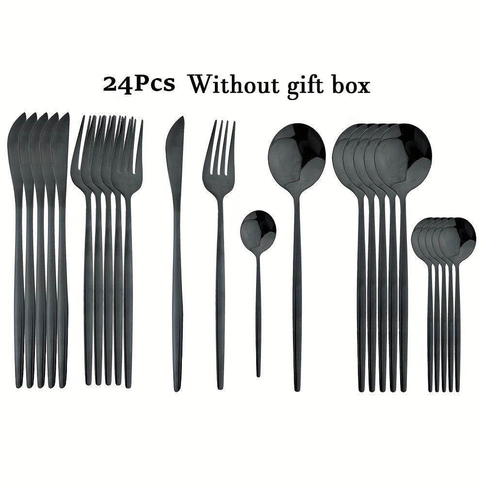 24-Piece Luxury Black Handle Golden Cutlery Set - High-Quality Stainless Steel Knife, Fork, and Spoon Tableware Flatware Set for Festival, Kitchen, and Dinnerware - Ideal Gift for Friends and Family