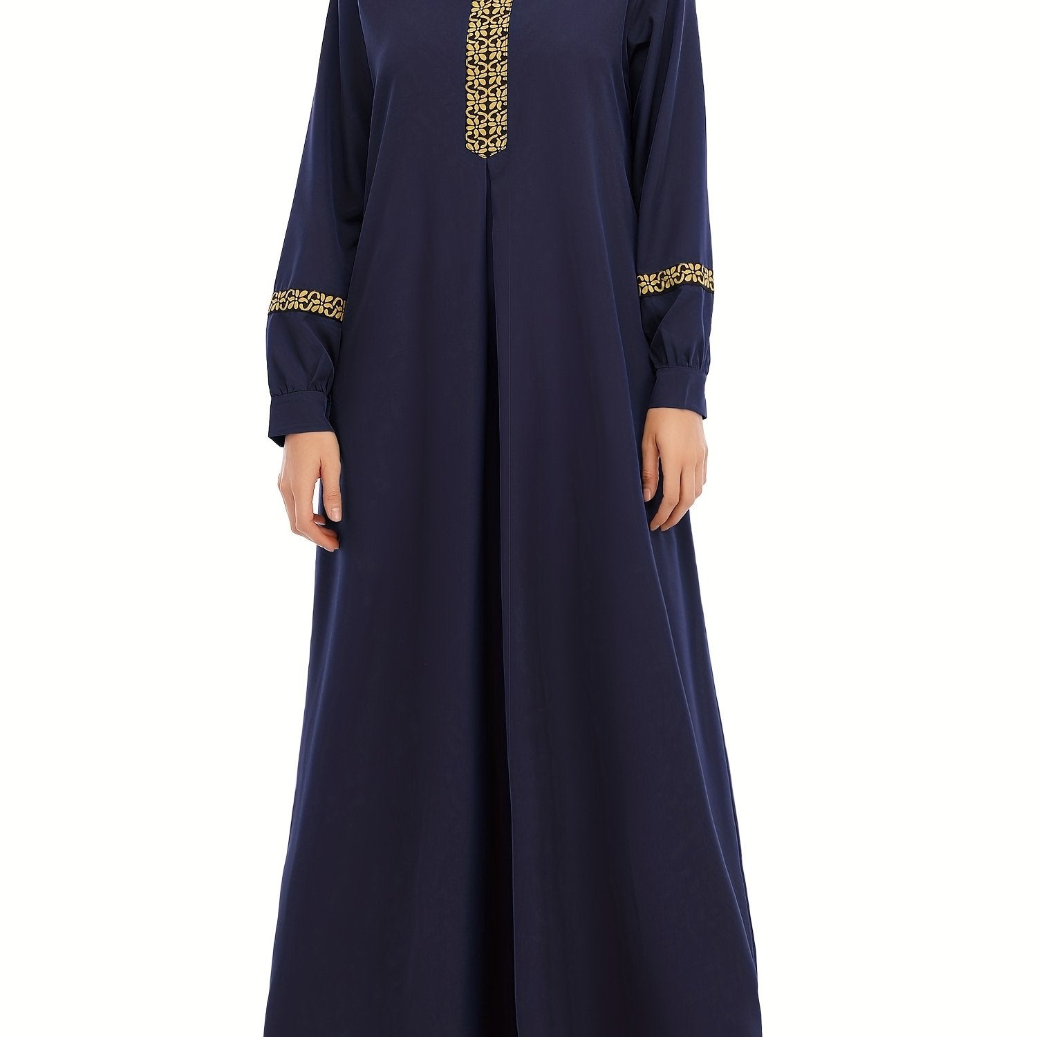 Contrast Trim Kaftan, Elegant Long Sleeve Maxi Length Dress, /MH
