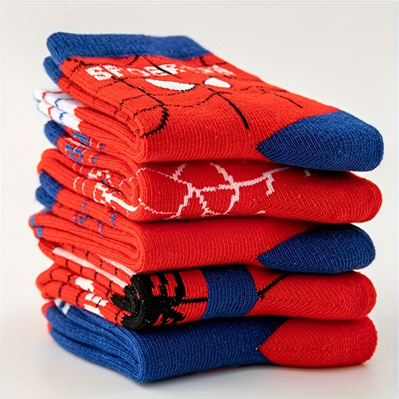 5 Pairs Of Boy's Cotton Spiderman Cartoon Design Crew Socks, /MH