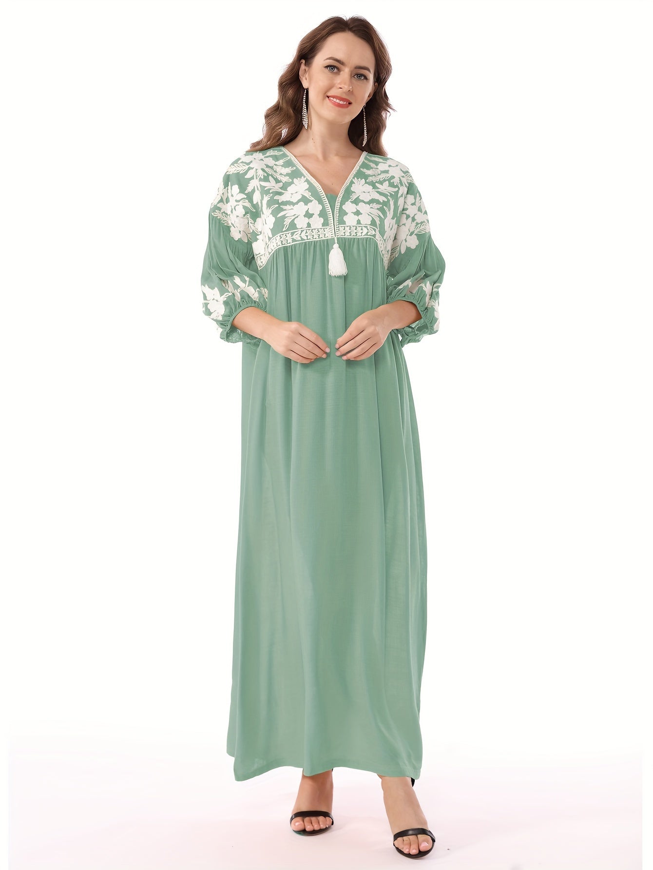 Themed Green Dress with White Floral Embroidery - ./MH