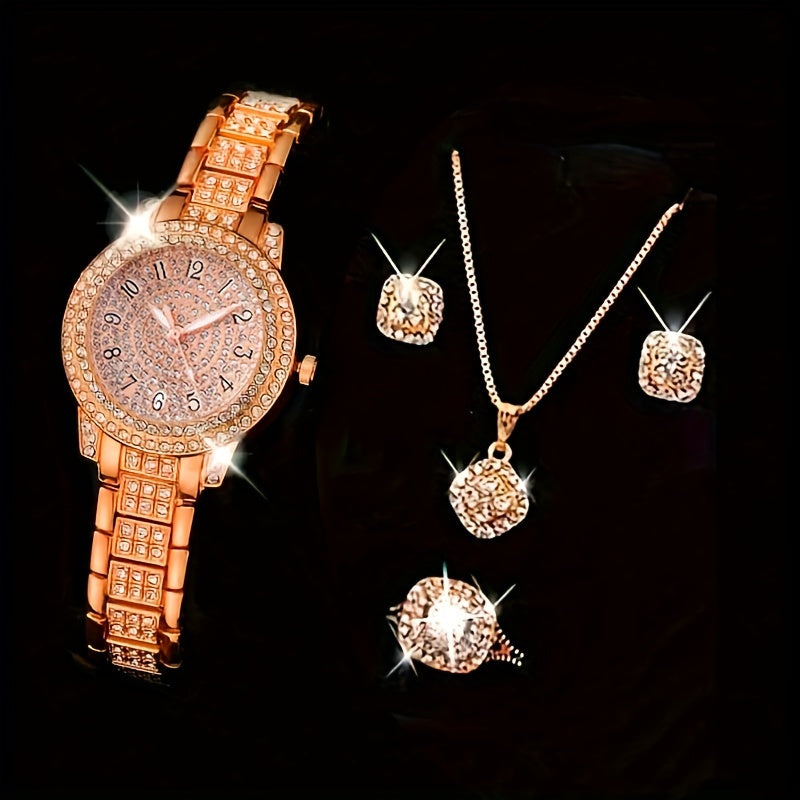 Luxury Rhinestone Quartz Watch Hiphop Fashion Analog Wrist Watch & 6pcs Jewelry Set, Gift For Women Her