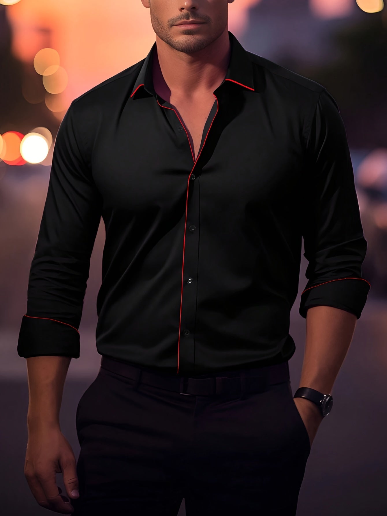 Men's Red Trim Design Lapel Collar Design Dress Shirts,