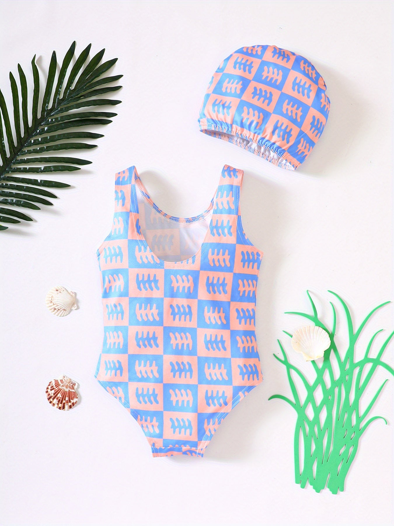 2 Pcs Girl's Onesie Swimsuit & Swimming Cap,