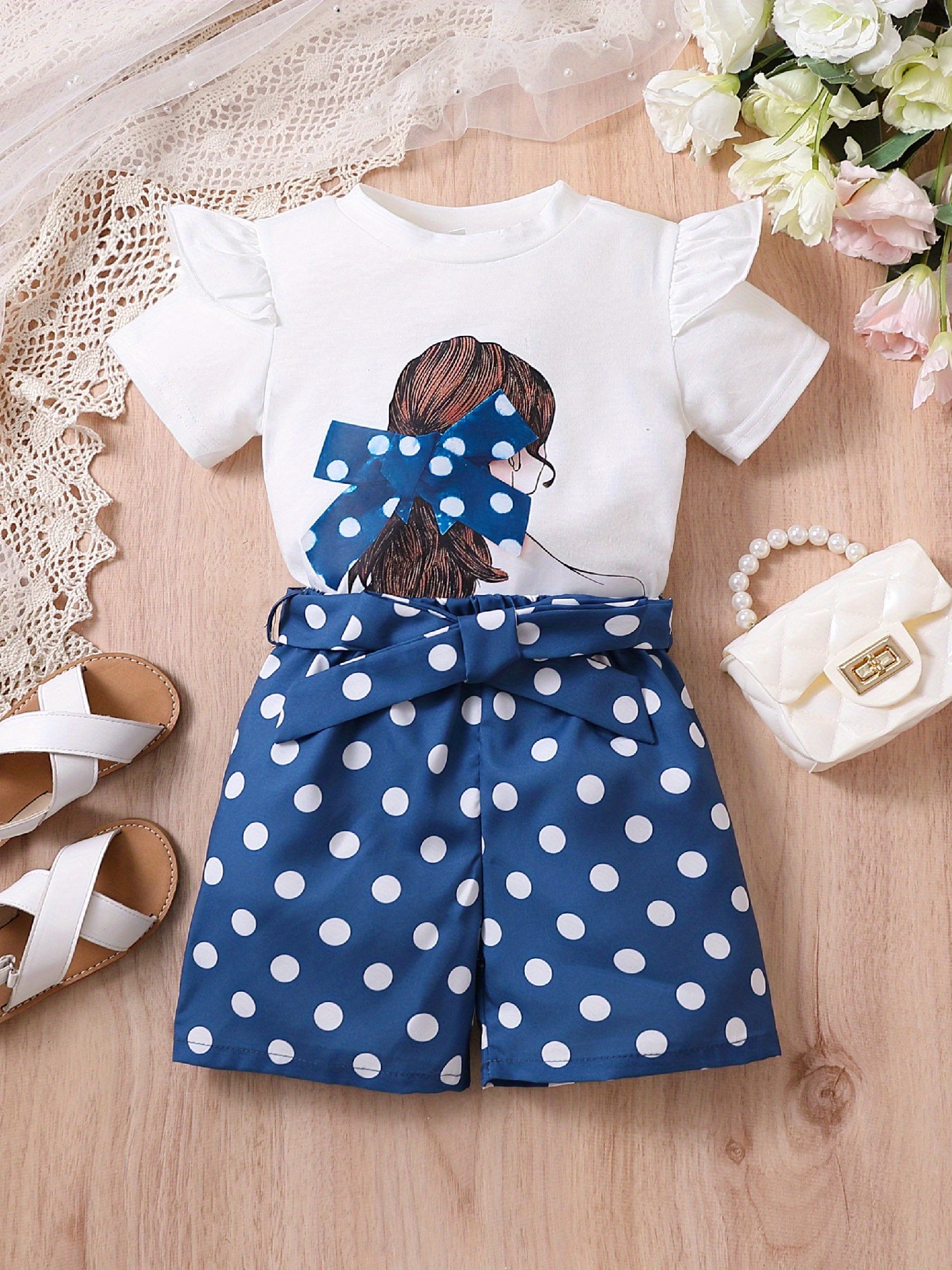 2pcs Toddler Girls Bow Figure Graphic Ruffle Trim T-Shirt