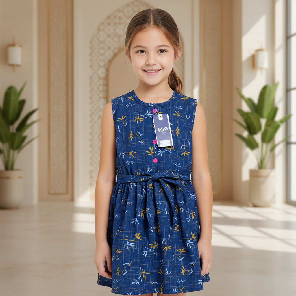 Girls Navy Blue Bamboo Print Sleeveless Dress with Belt | MH Kids Summer Casual Dress Age(2-12Years)