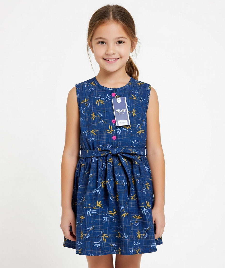 Girls Navy Blue Bamboo Print Sleeveless Dress with Belt | MH Kids Summer Casual Dress Age(2-12Years)