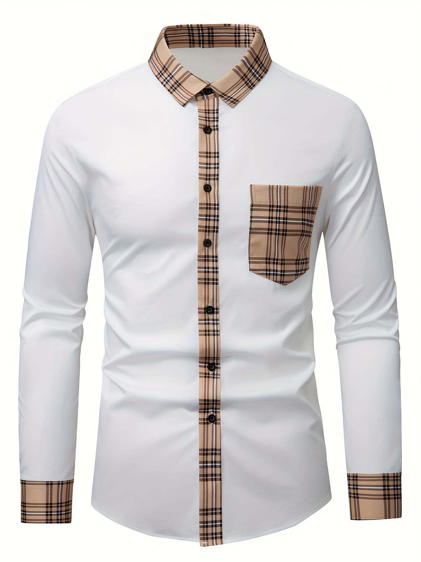 Men's Lapel Patchwork Dress Shirts Long Sleeve Casual Button .