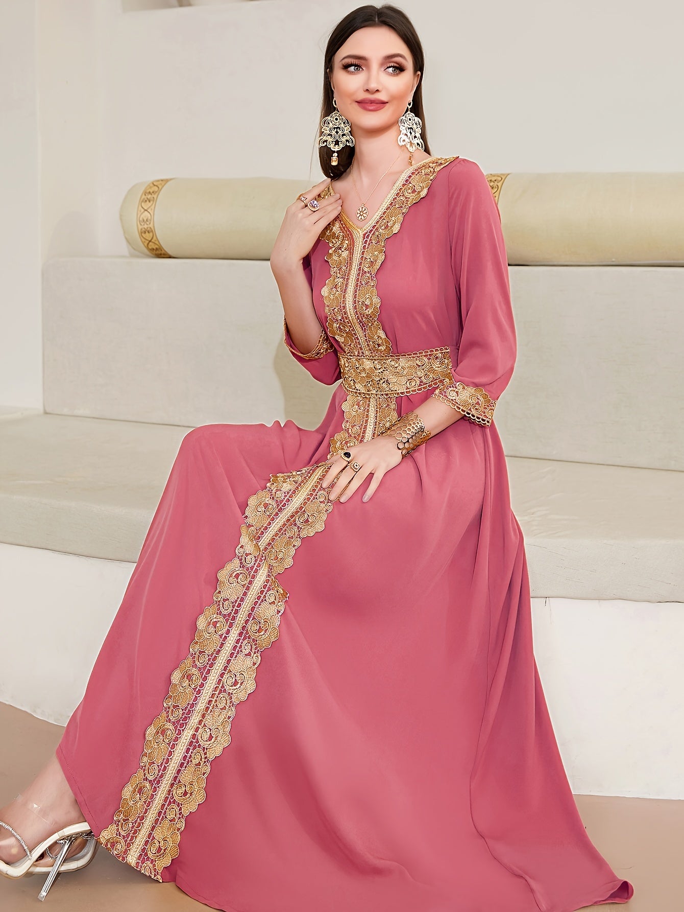 Ramadan Lace Trim V Neck Kaftan, Elegant Long Sleeve 'MH