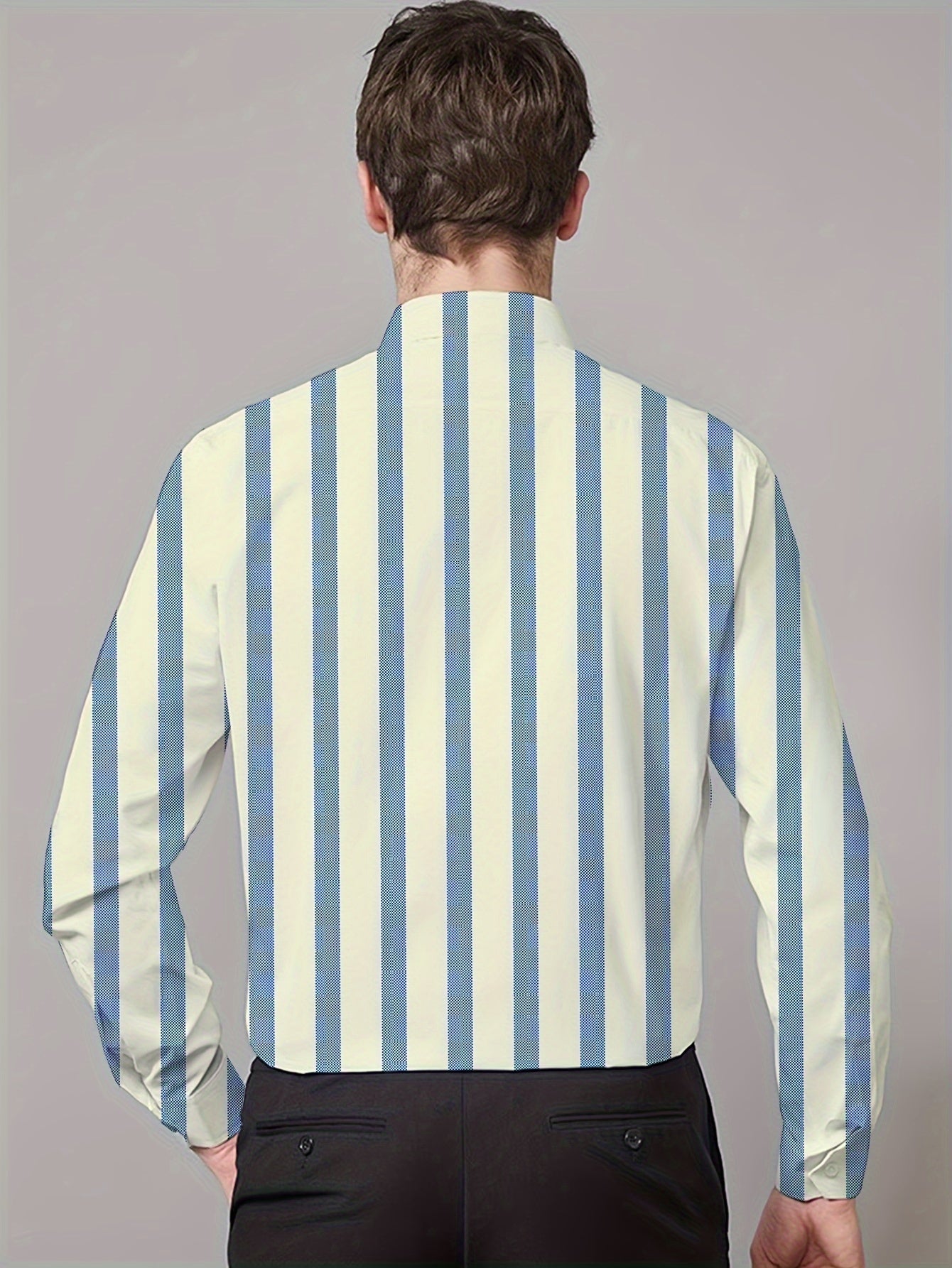 Men's Striped Lapel Collar Dress Shirts, Long Sleeve .