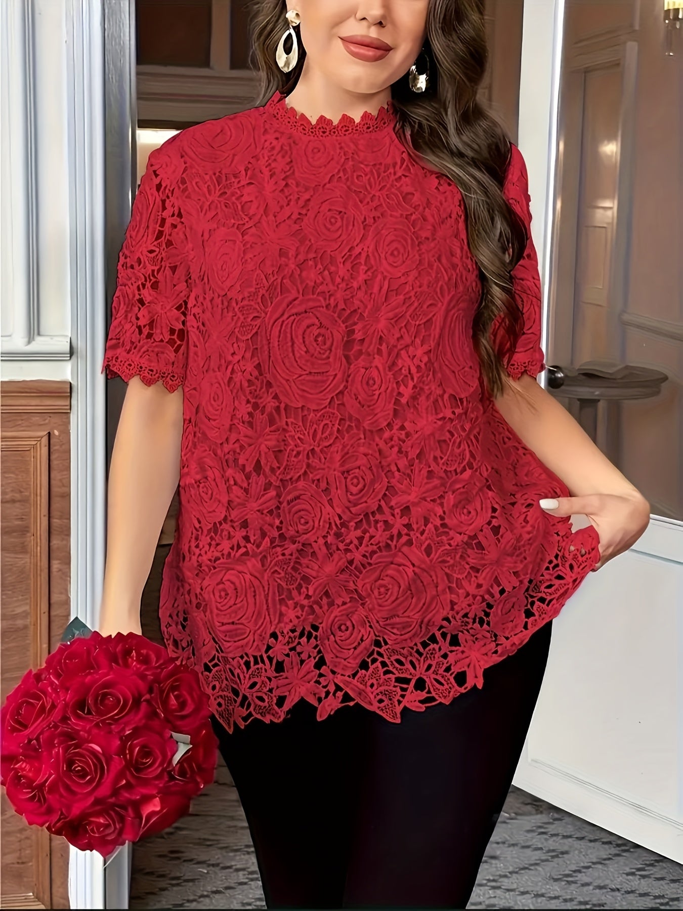 [Elegant Blouse] Elegant Green Lace Plus Size Blouse for Women |