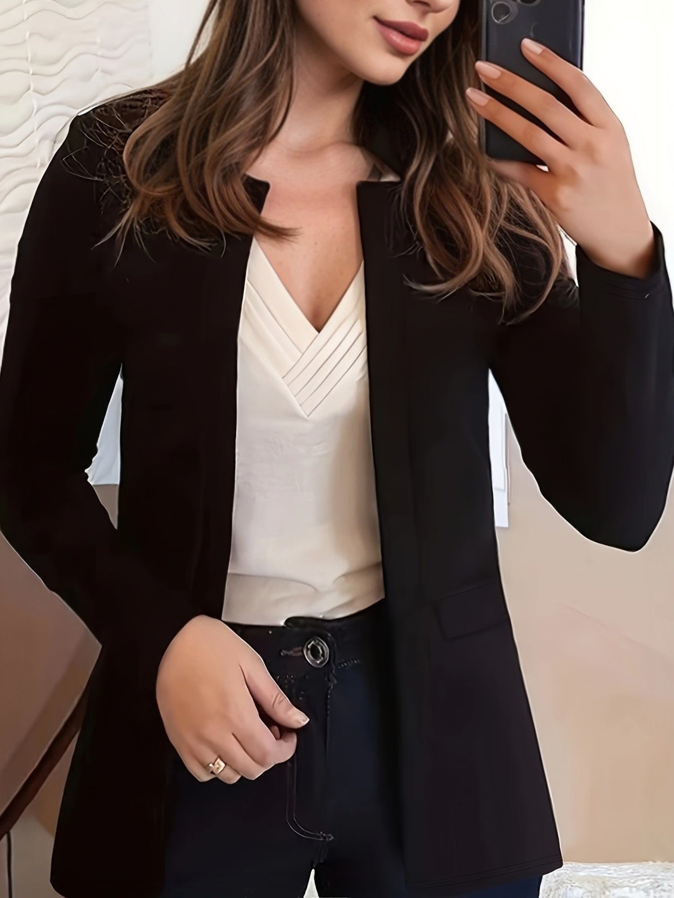 Solid Open Front Blazer, Casual Long Sleeve Blazer For Office,