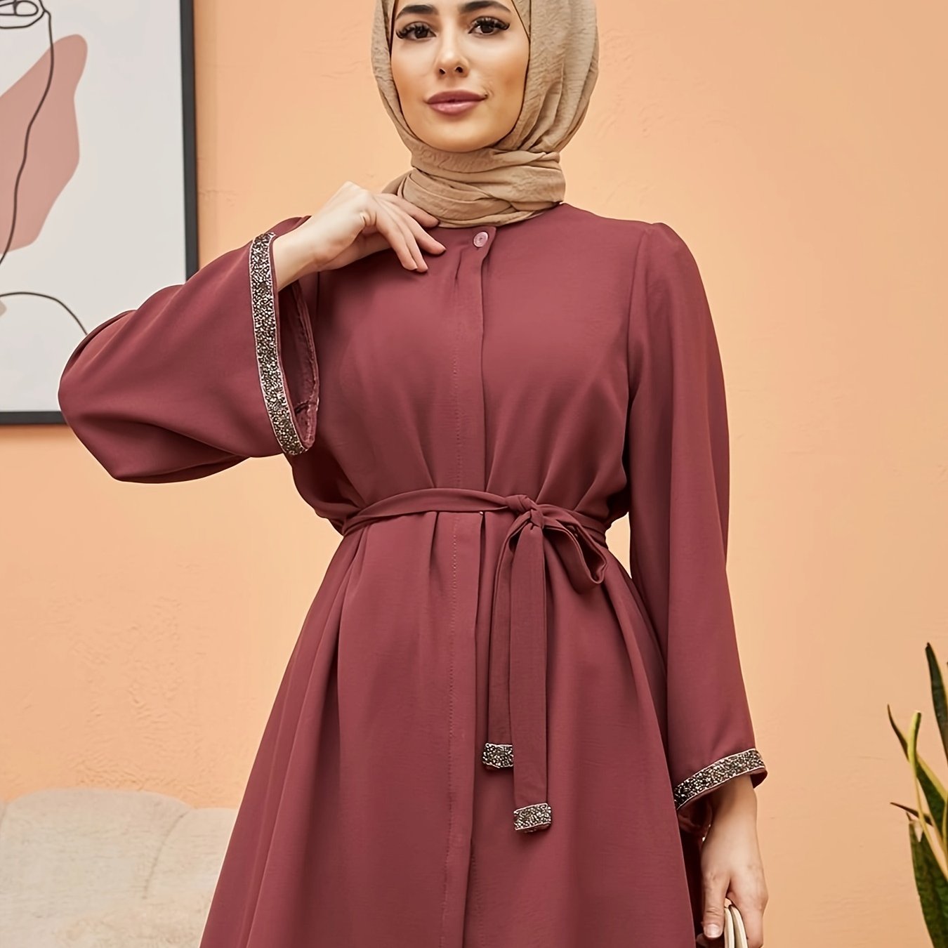 Contrast Trim Belted Button Front Kaftan Shirt, /MH