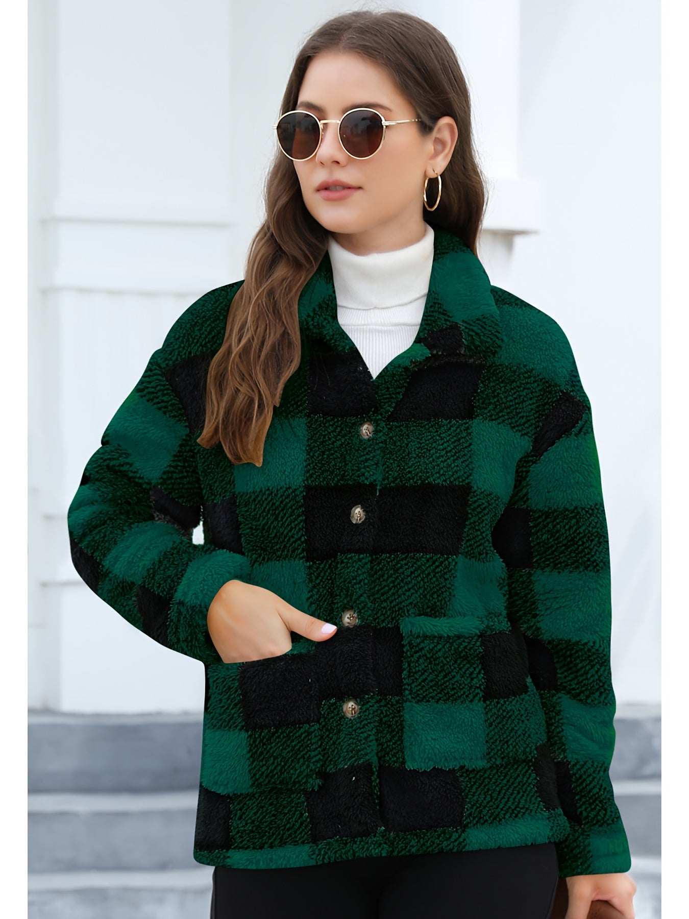 Long Sleeve Plaid Print Teddy Coat with Patched Pockets - Soft, Warm,