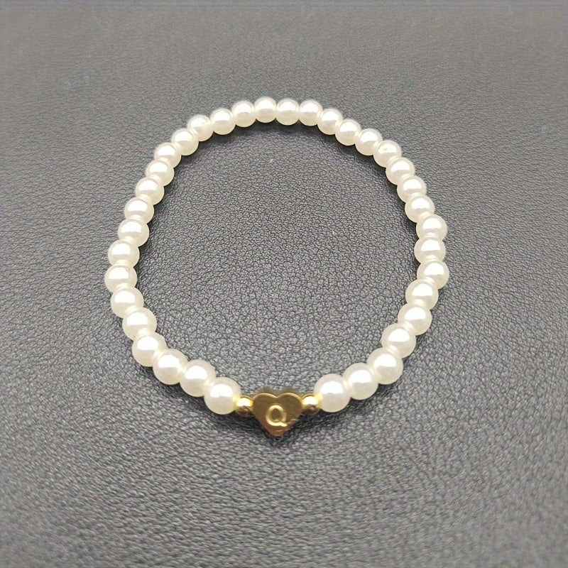 1pc Classic Initial A-Z Lettering Heart Faux Pearl Beaded Bracelet, Elegant Party Jewelry Birthday Gift For Teen Girls