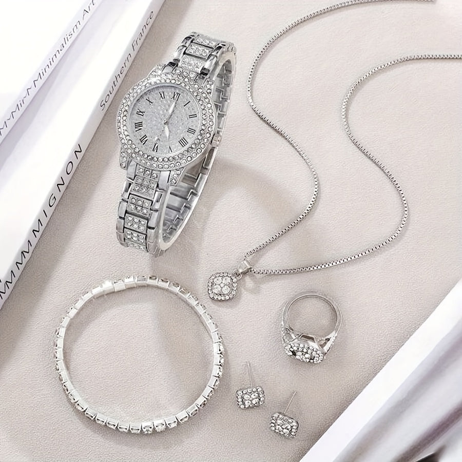 Luxury Rhinestone Quartz Watch Hiphop Fashion Analog Wrist Watch & 6pcs Jewelry Set, Gift For Women Her