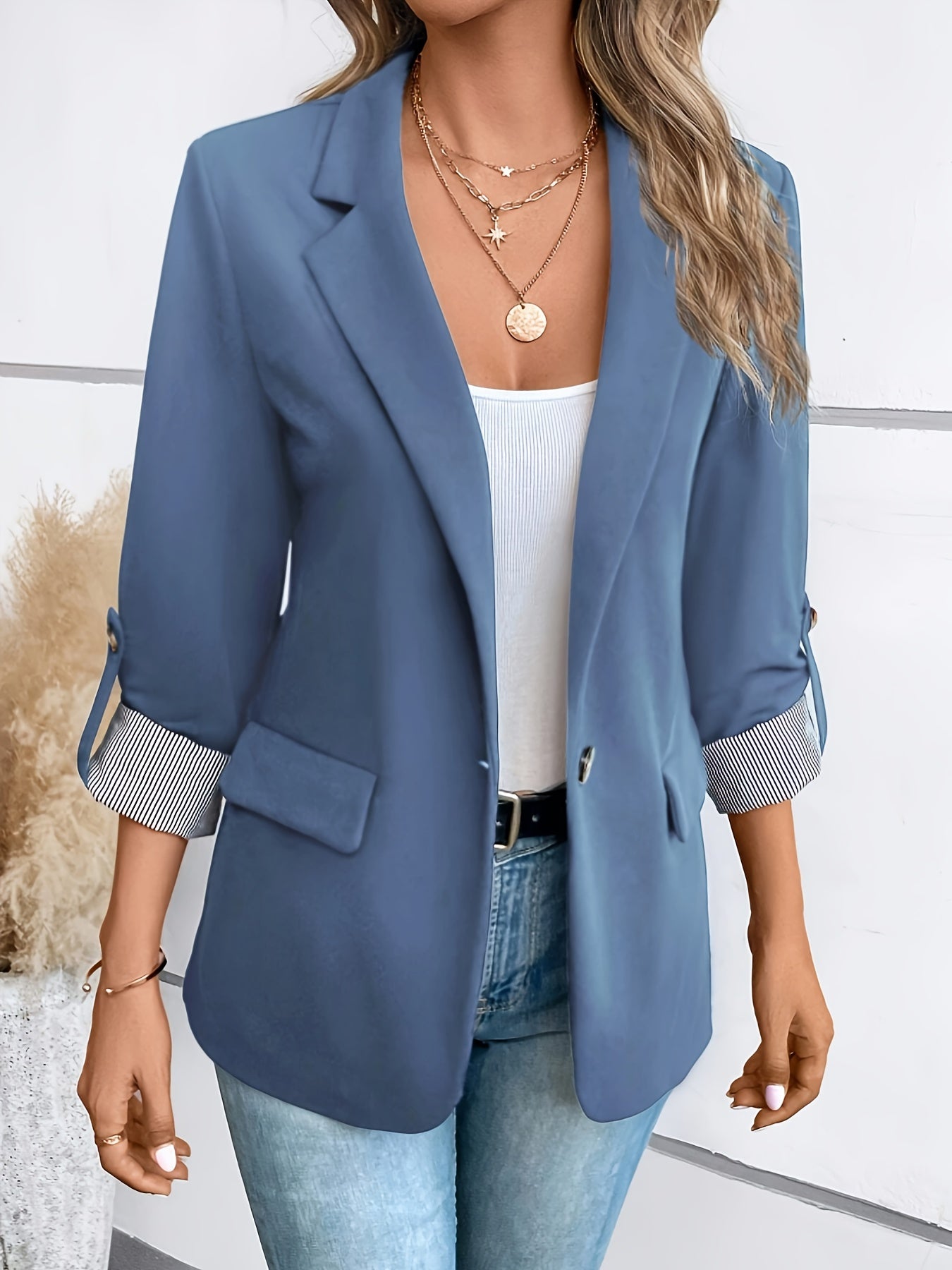 Single-Breasted Label Neck Blazer, Elegant Long Sleeve Blazer.