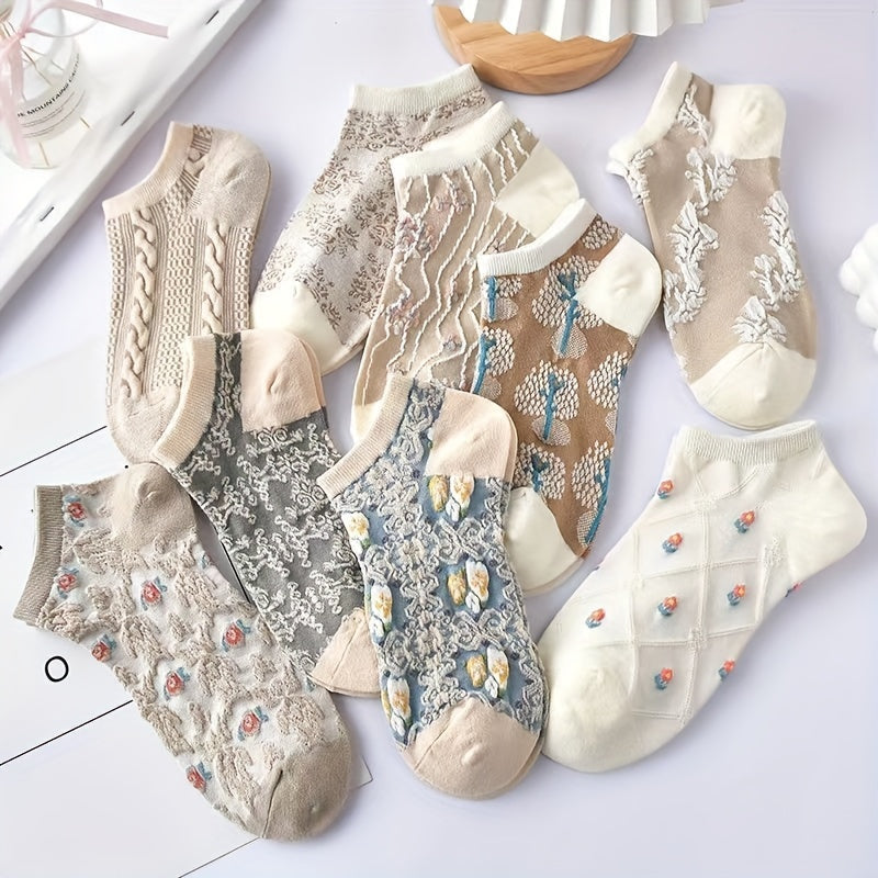 9 Pairs Vibrant Floral Print Low Cut Ankle Socks - Women's ./MH