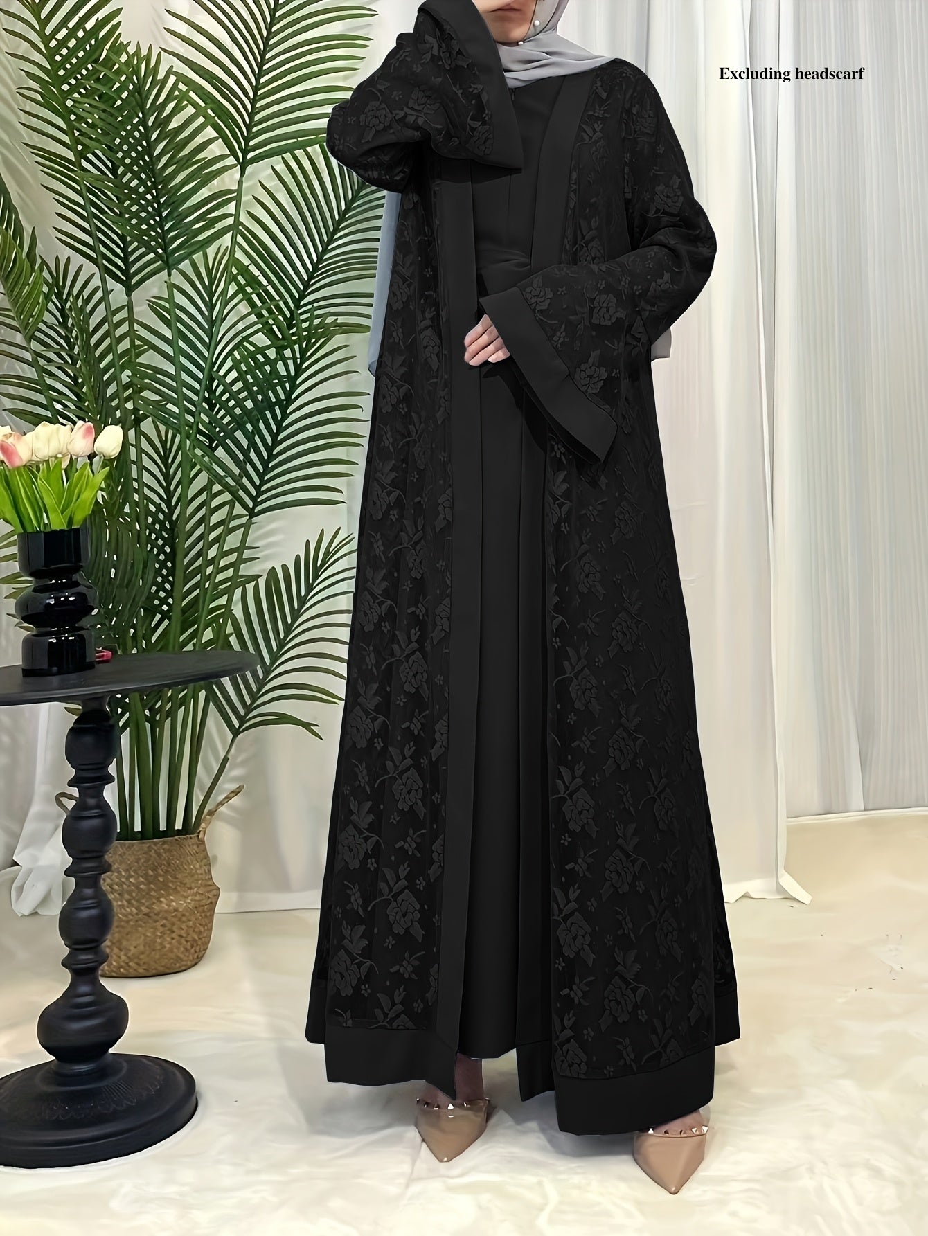 Cultural Grace, Elegant Light Blue Floral Abaya Set - /MH