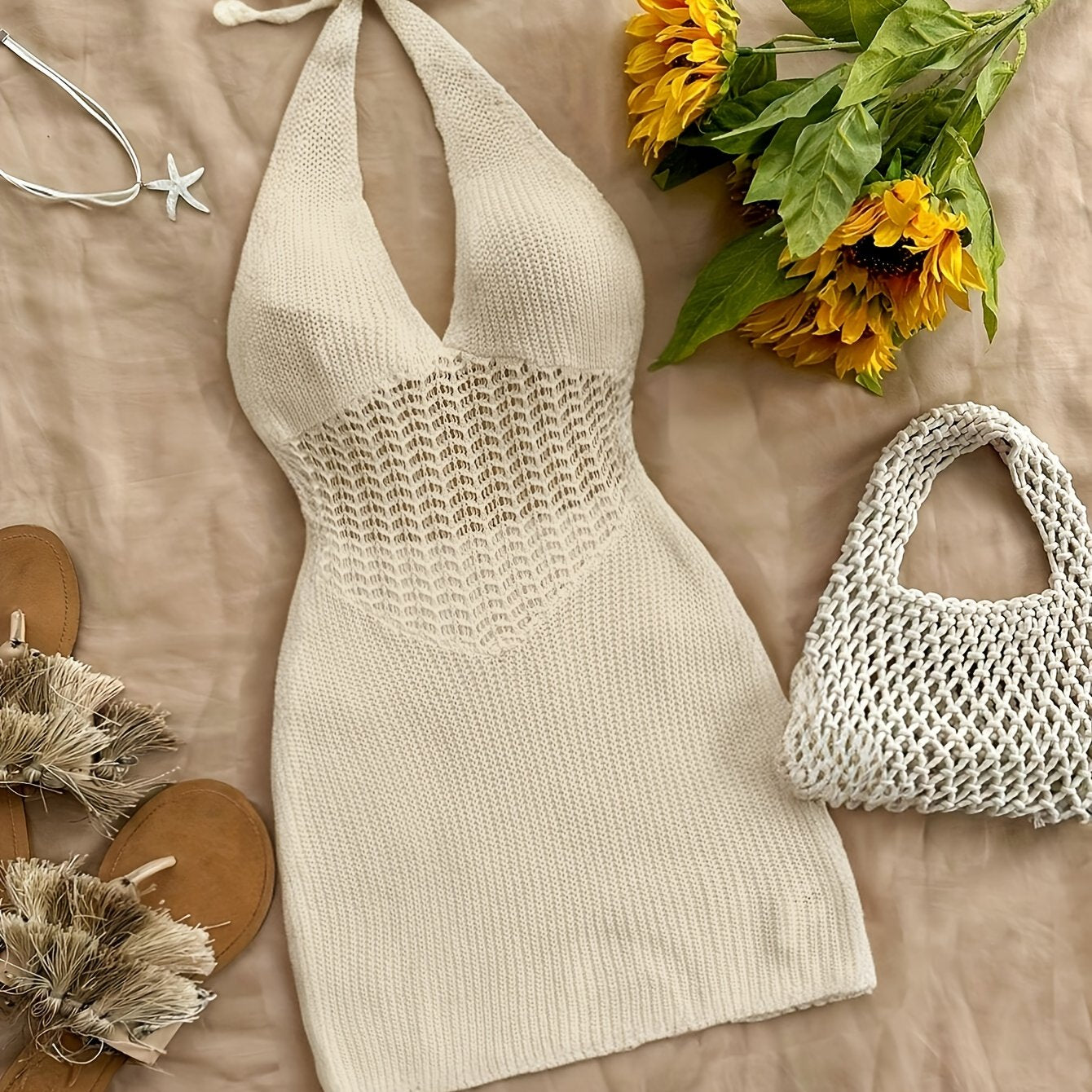 Stylish Vacay Knit Cover Up Dress - Rash Guard Shirts for Women with Halter Tie Neck and Backless Design, Swimwear and Beachwear Clothing for Summer Vacation