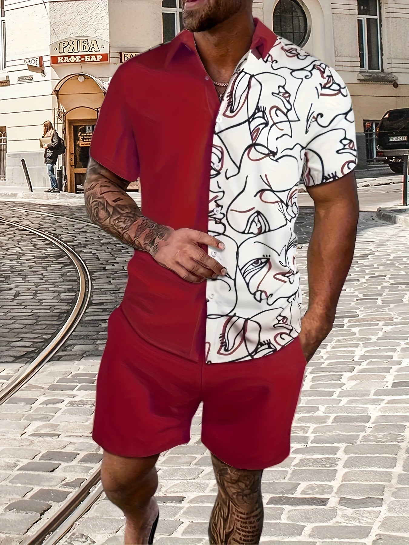 Abstract Painting Print, Men's 2Pcs Outfits, Casual Camp Collar Lapel Button Up.