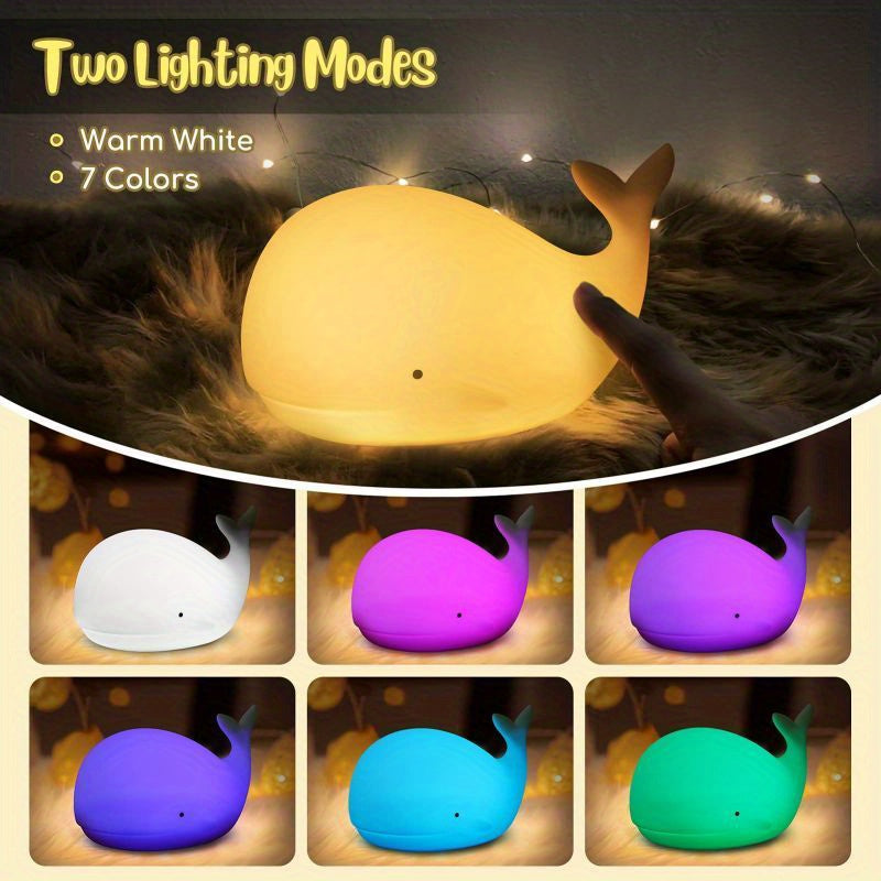 7 Colors Whale Kawaii Night Light - Rechargeable, Color-Changing, Silicone, Christmas and Halloween Gift Lamp with Soft Glowing Effect