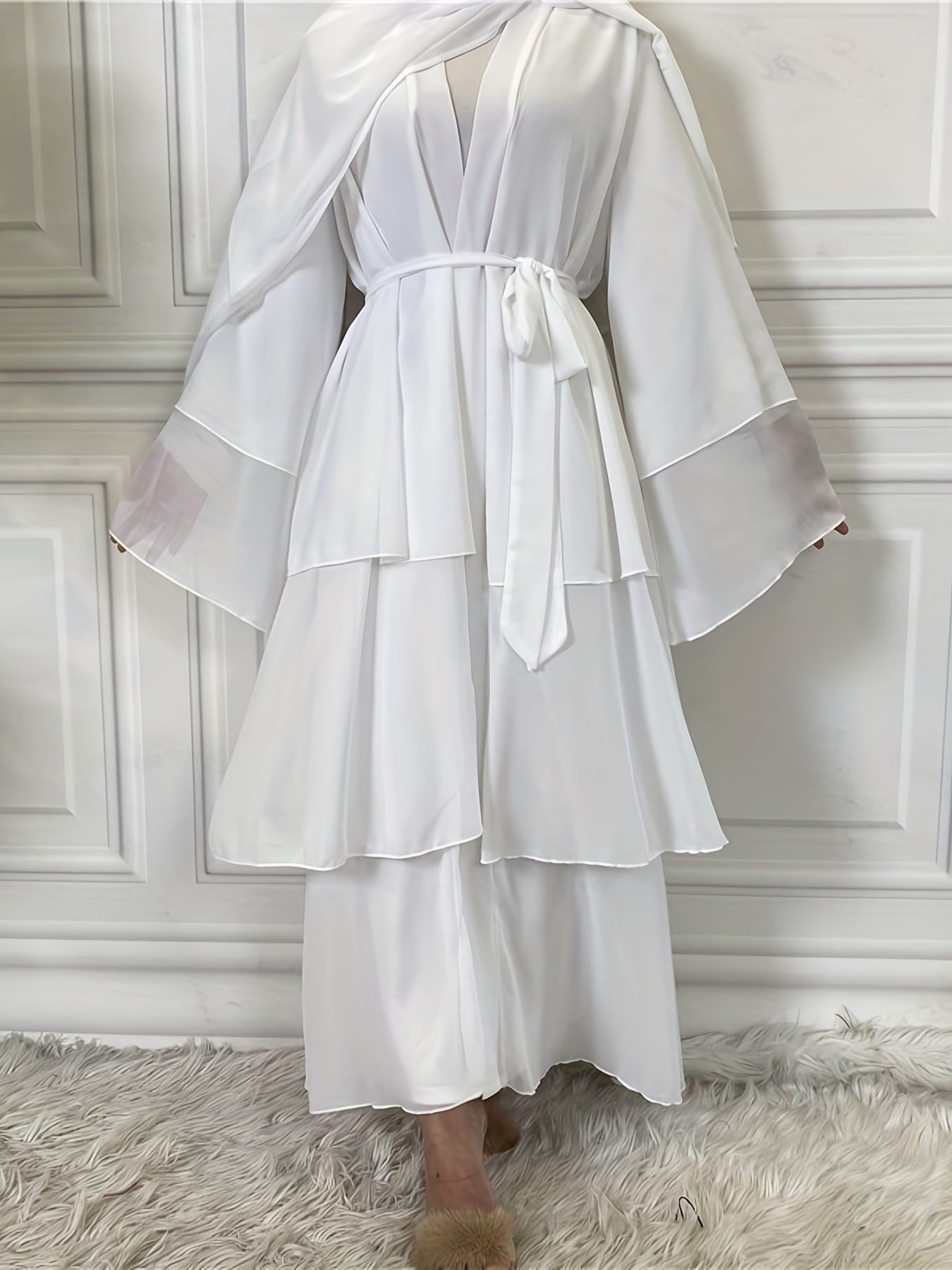 Layered Open Front Modest Dress, Long Sleeve Muslim Dress'/MH