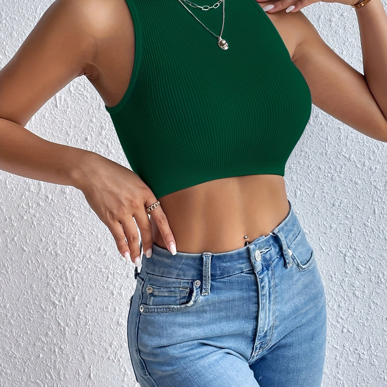 Solid Ribbed Crop Tank Top, Casual Sleeveless Basic Summer Top, Women's Clothing