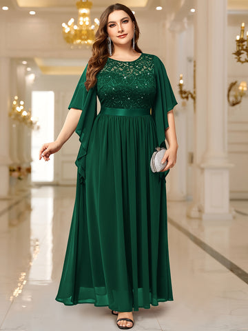 Elegant Plus Size Women's Butterfly Sleeve Sequin Lace Evening Dress .MH