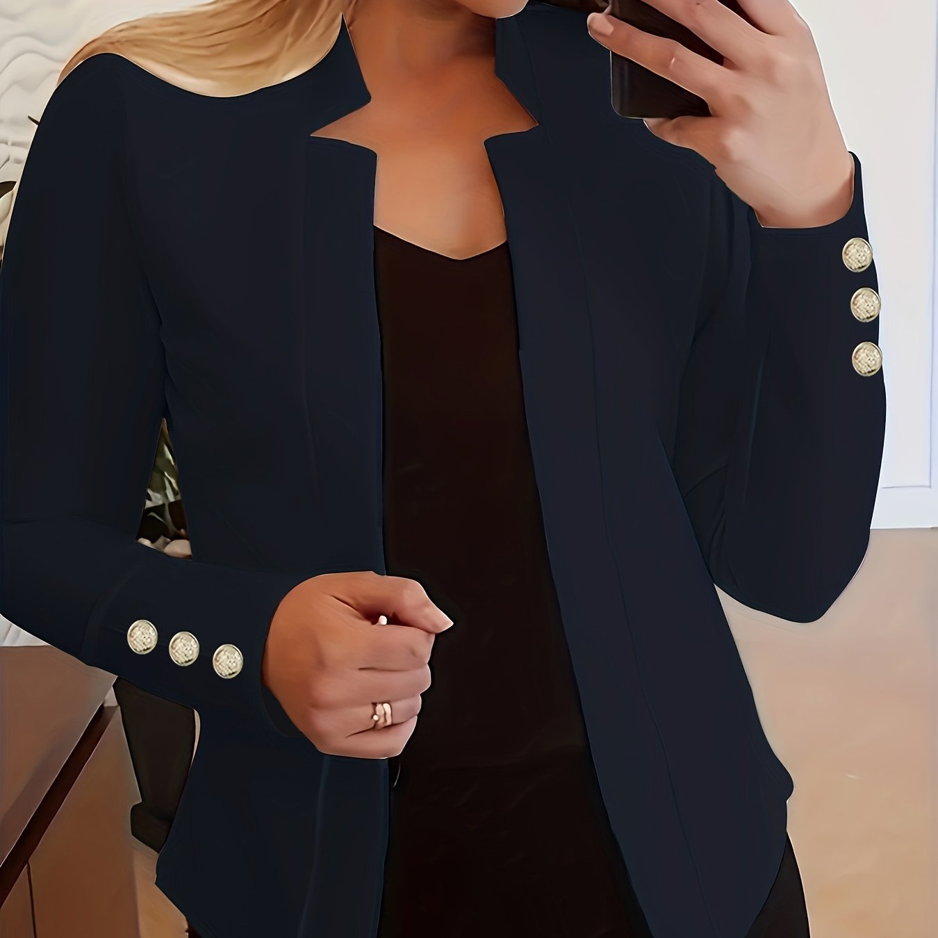 Solid Open Front Button Decor Blazer, Elegant Long Sleeve Blazer.