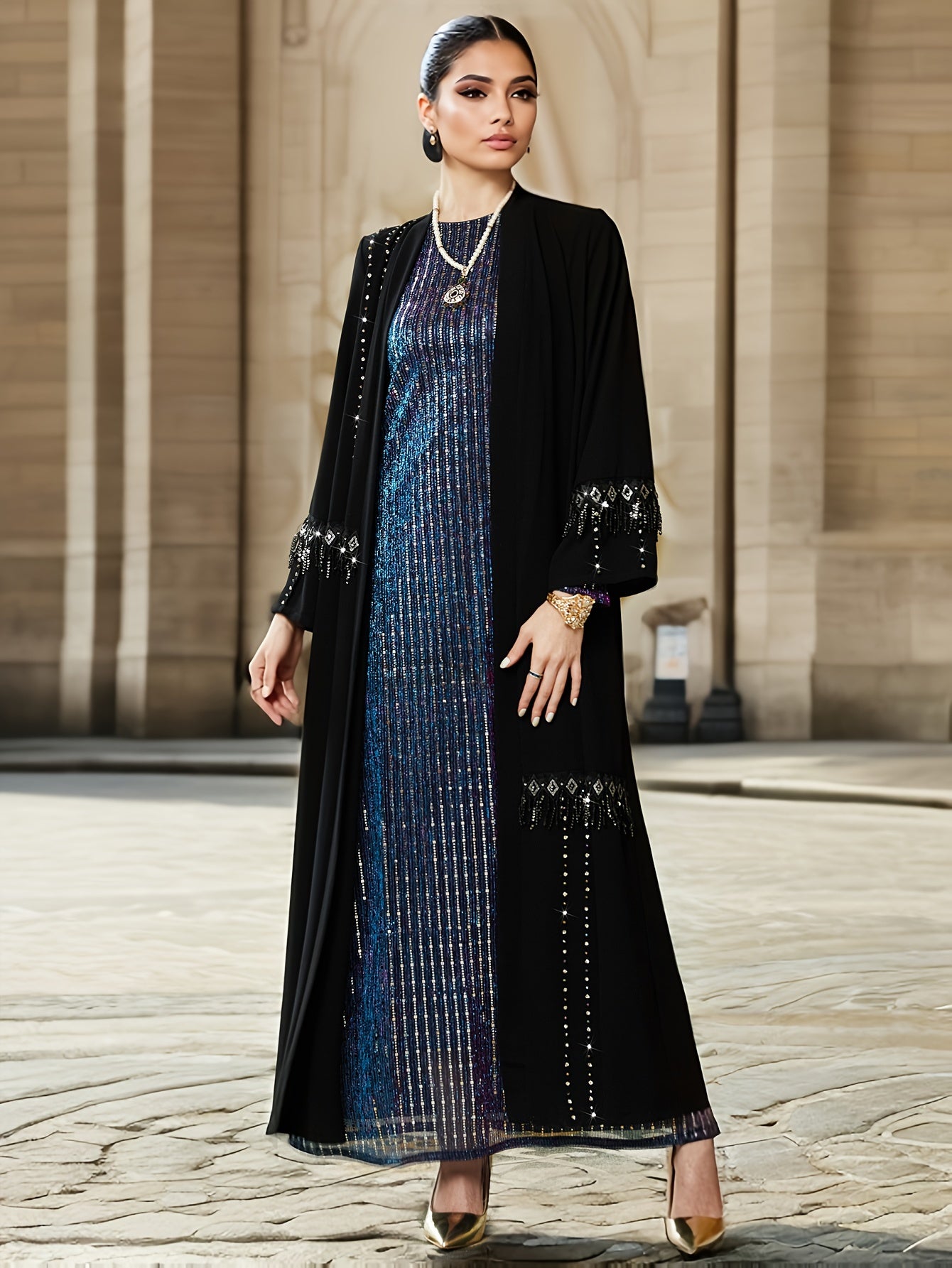 Open Front Rhinestone Decor Kaftan Dress, Elegant Long Sleeve '/MH