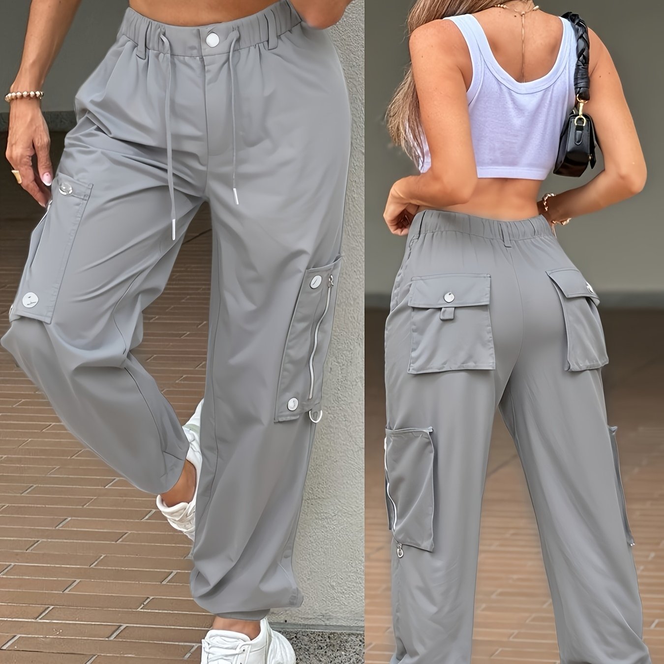 SwaKAKI Women's High-Waist Cargo Tapered Pants we Gre, /MH