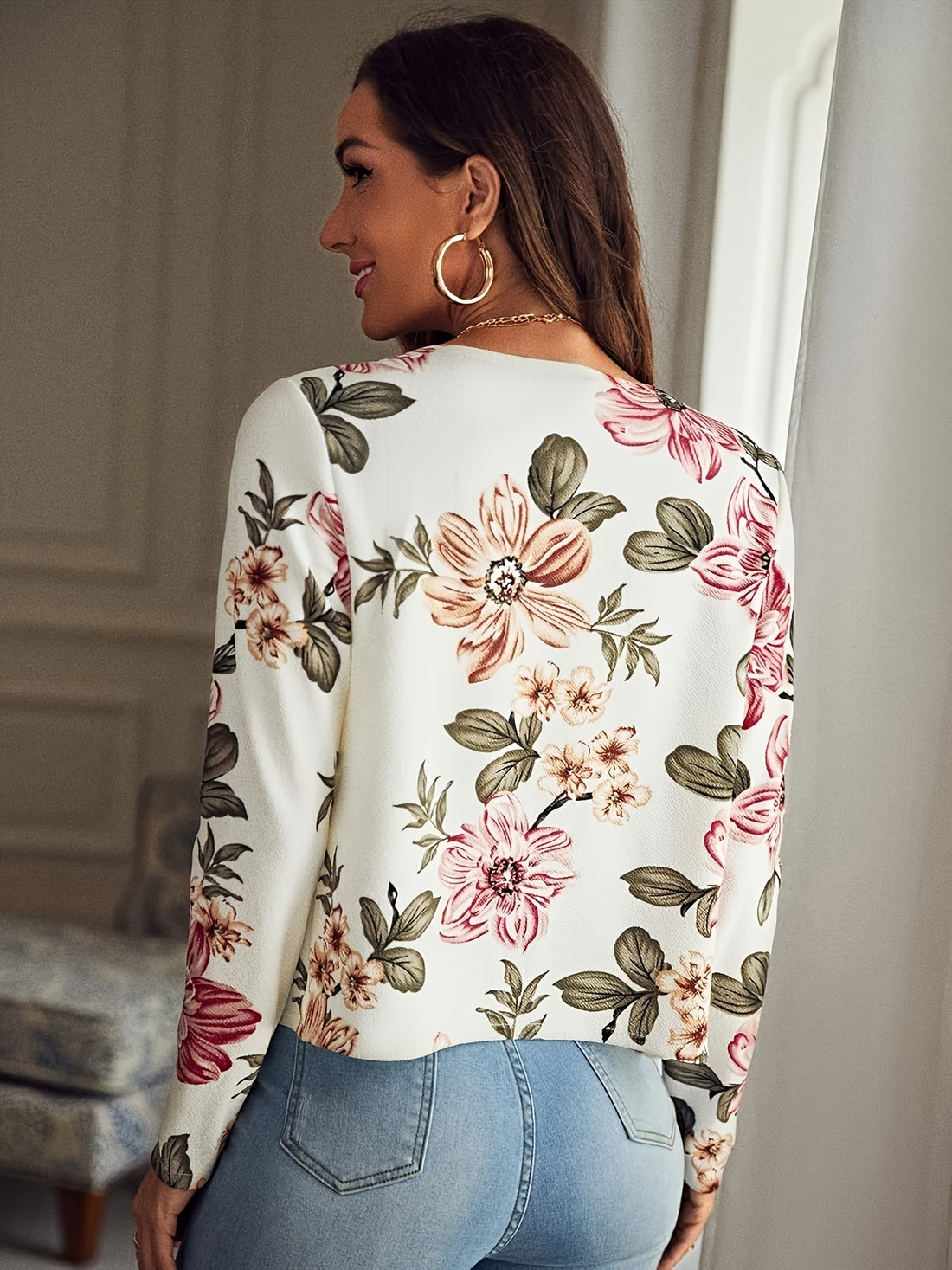Floral Print Open Front Blazer, Elegant Lapel Long Sleeve Blazer.