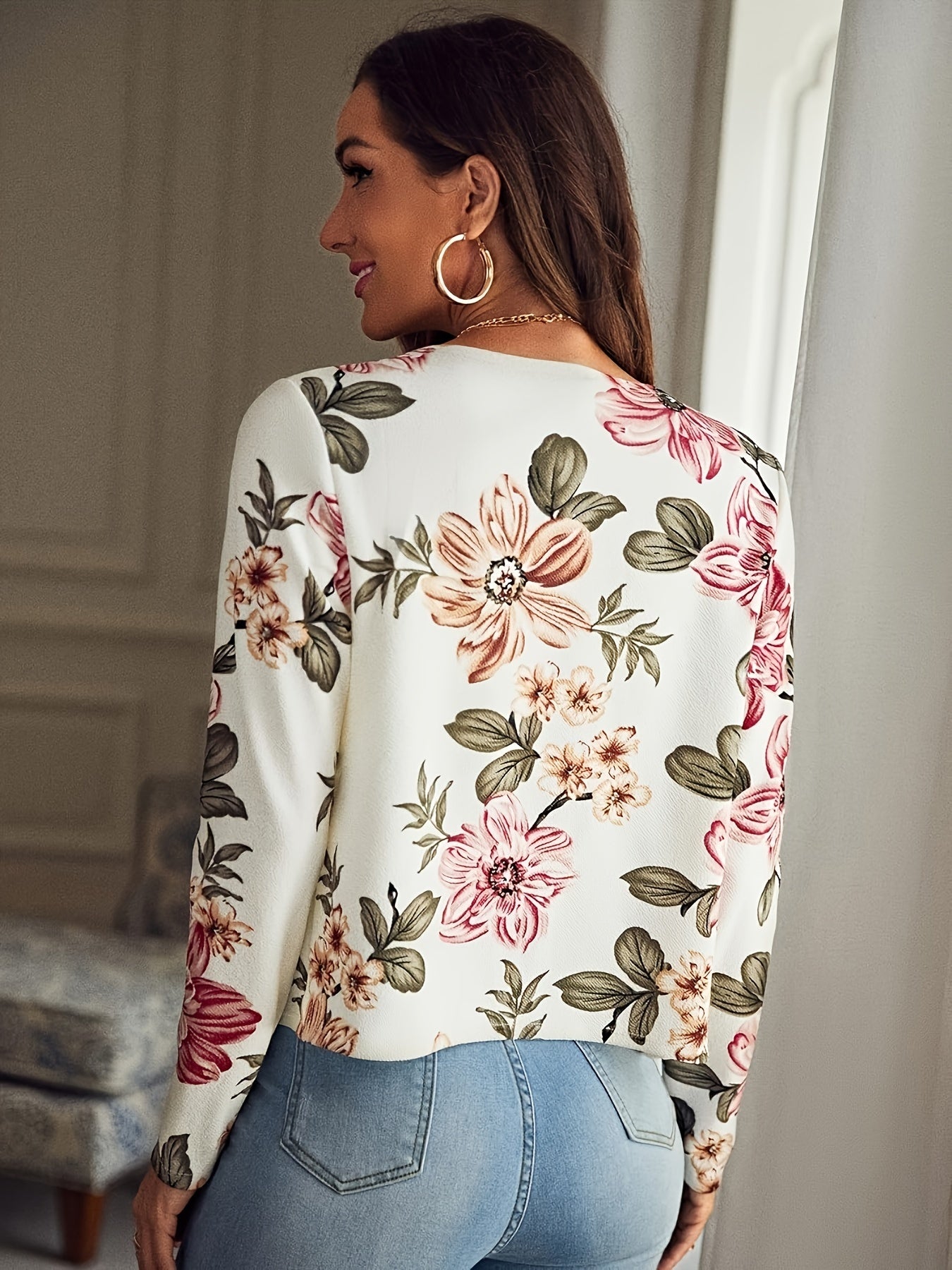 Floral Print Open Front Blazer, Elegant Lapel Long Sleeve Blazer.