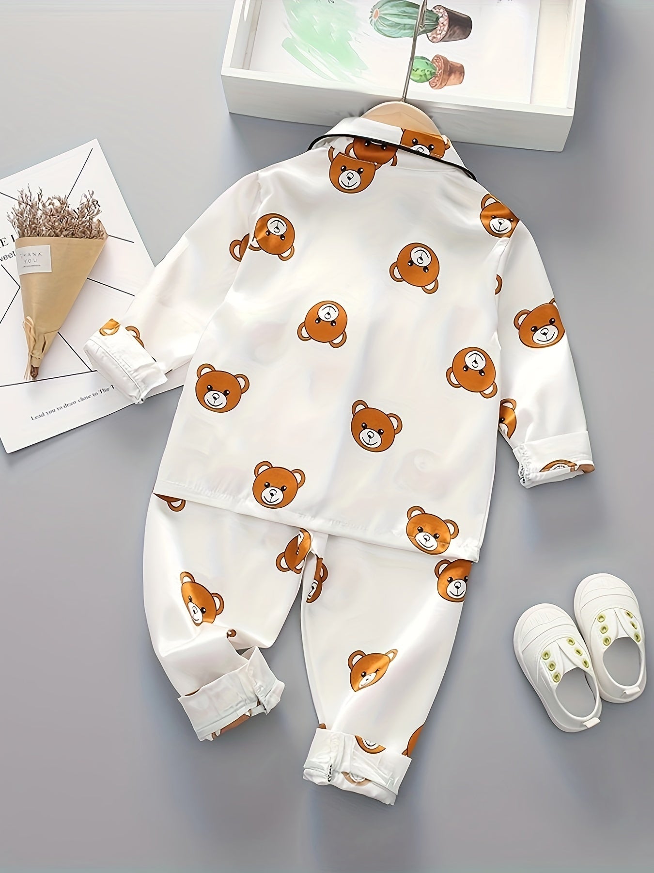 2pcs Boys Bear Print Button Up Long Sleeve Top & Elastic Waist Long Pants Set, Comfy Boys Clothes