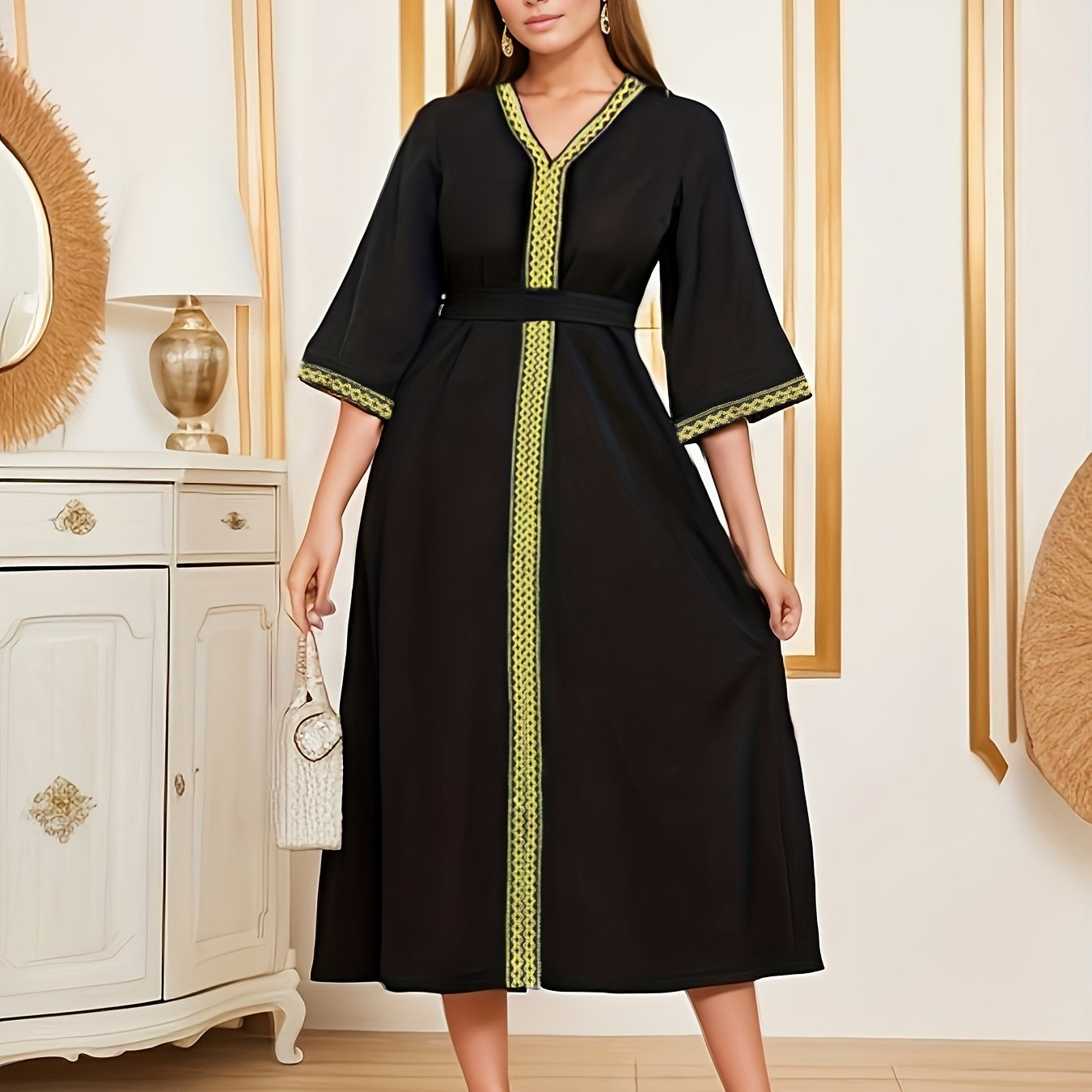 Ramadan Contrast Trim V-neck Kaftan Dress, Elegant Bell Sleeve 'MH