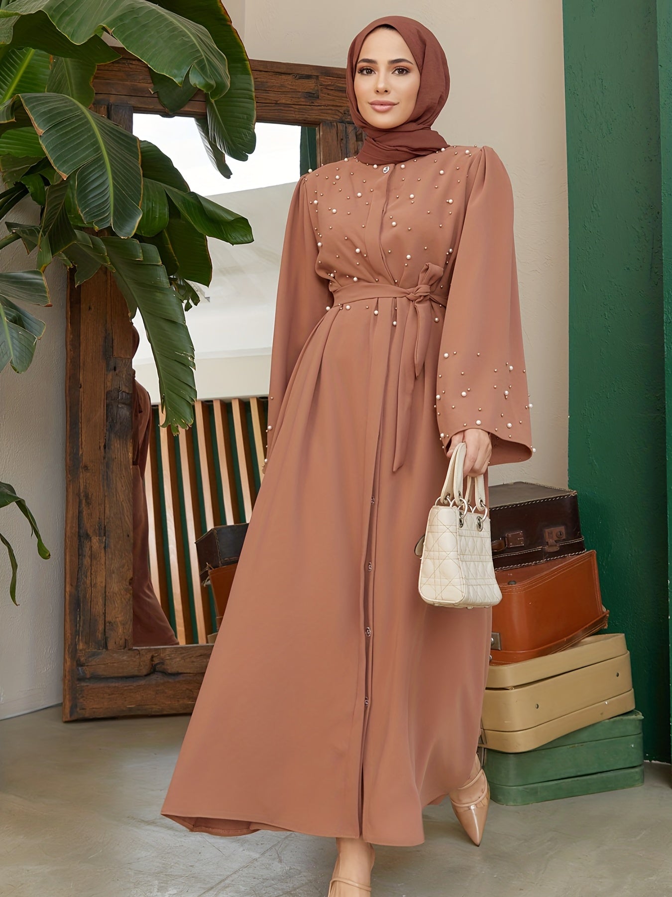 Elegant Navy Blue Abaya with Pearl Embellishments and Belt -/MH
