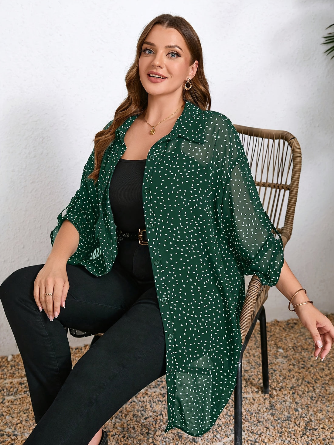 Chic Plus Size Polka Dot Blouse with Cuffed Sleeves Button-Up Shirt for Women,