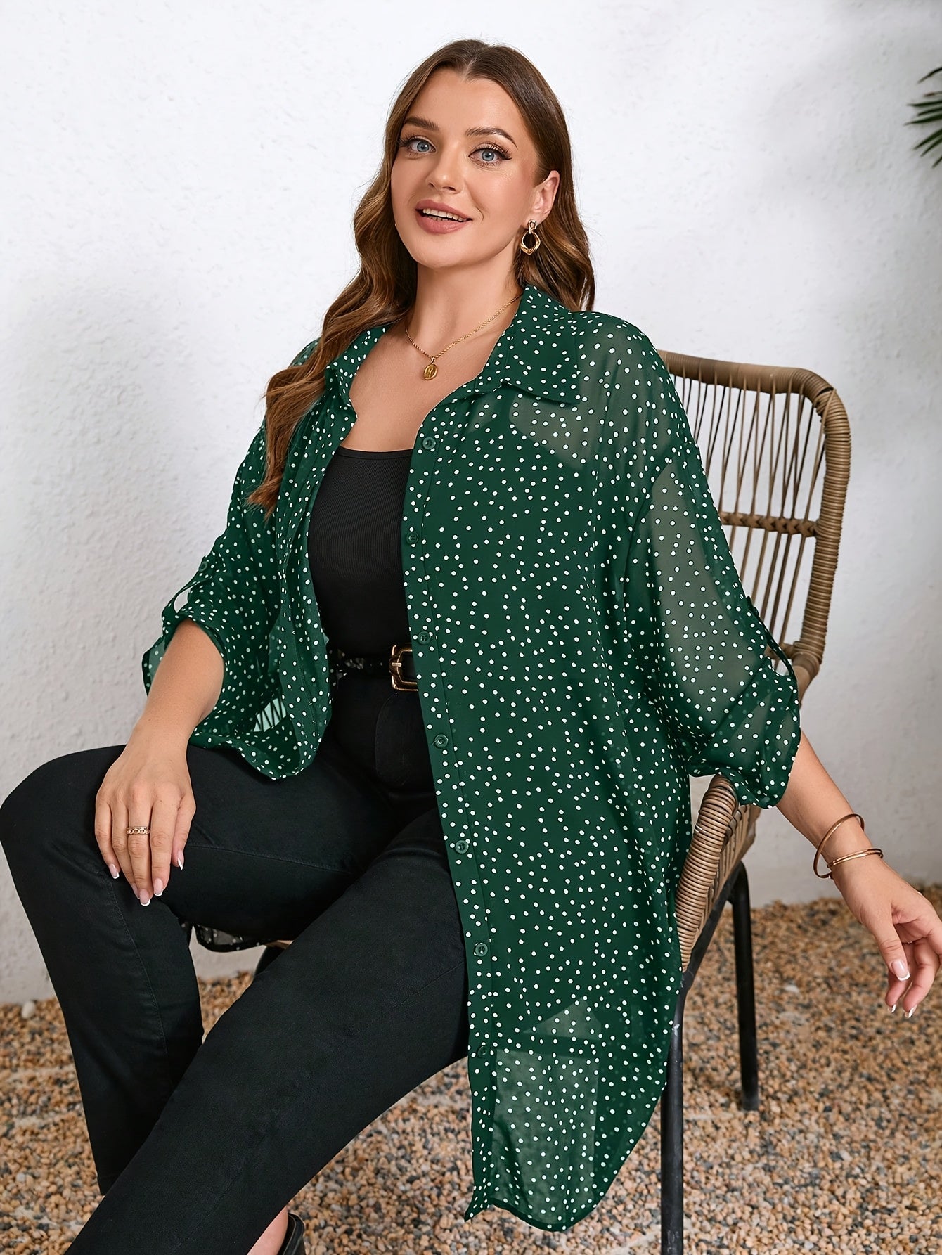Chic Plus Size Polka Dot Blouse with Cuffed Sleeves Button-Up Shirt for Women,