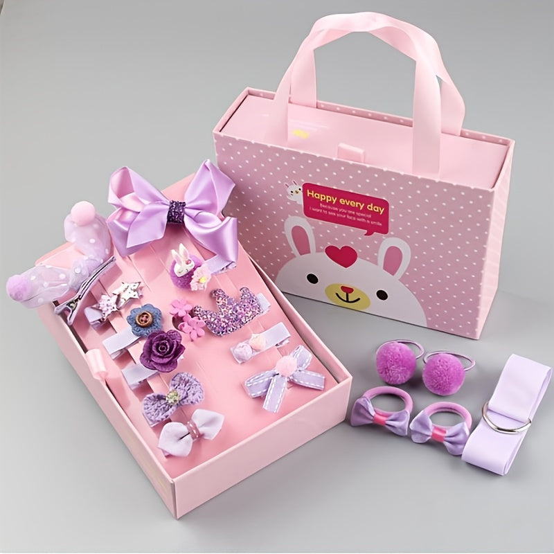 Deluxe Princess Hair Accessory Kit for Girls - Sparkling Rhinestone Clips, Cute Bow Ties & Elastic Bands with Pink Gift Box & Ribbon Hanger - Soft, Lightweight & Safe for and Youngsters, Hair Accessories for Girls