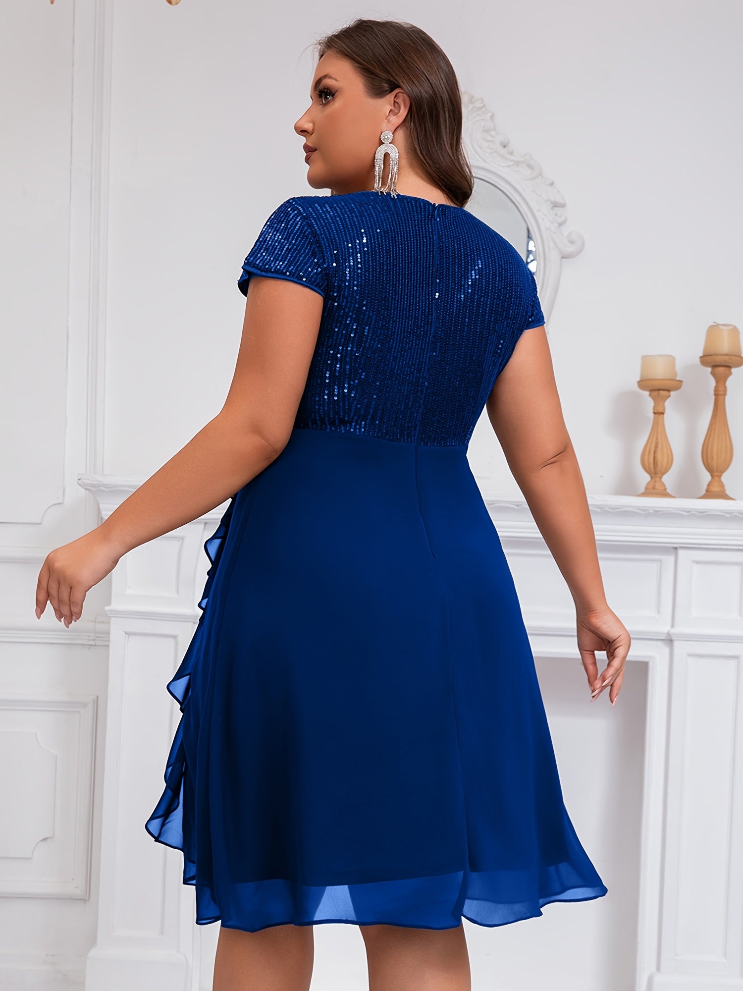 Women'S Plus-Size Chiffon Dress with Sequin Patchwork