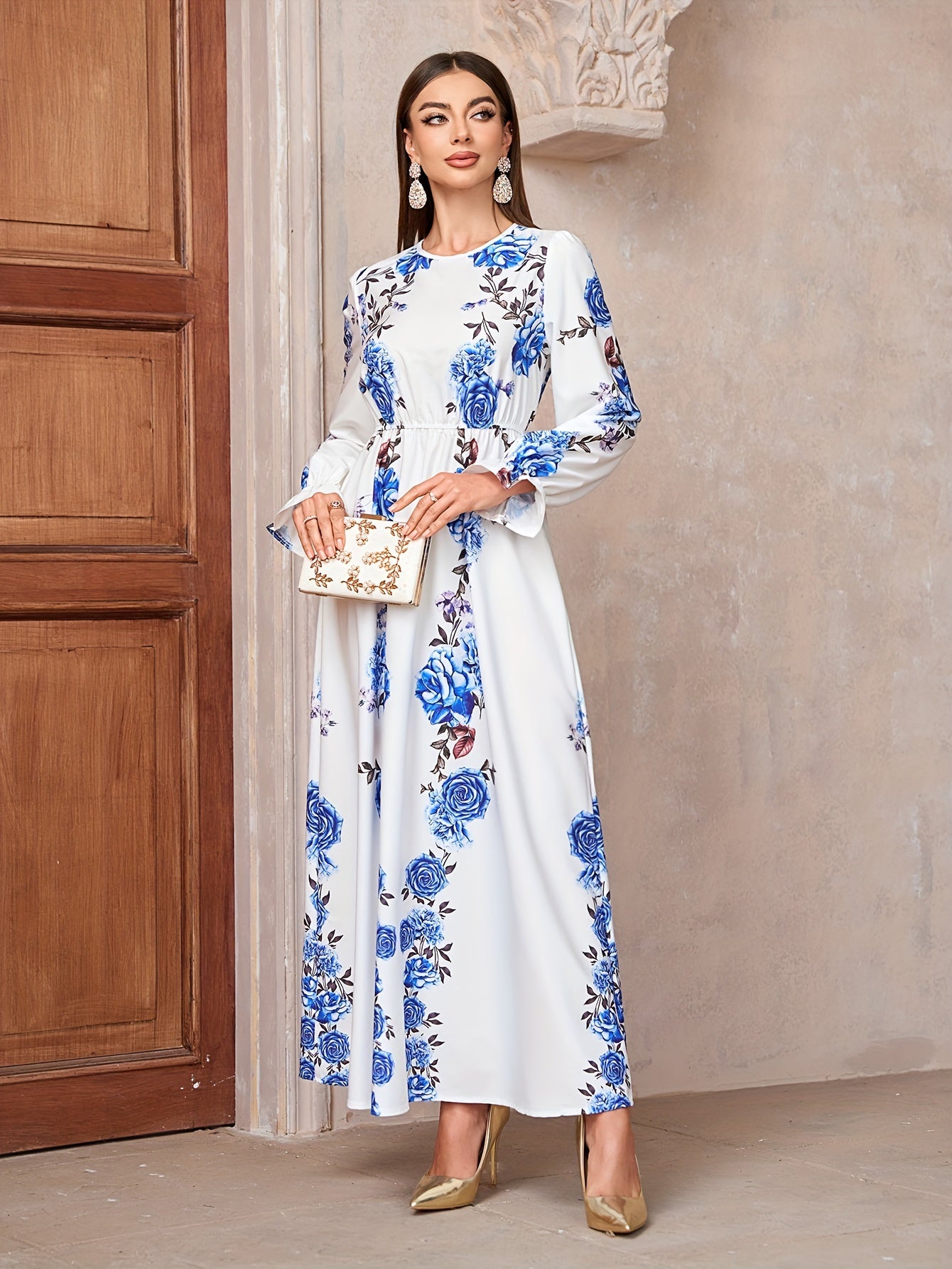Floral Print Crew Neck Kaftan Dress, Elegant women fashion'/MH
