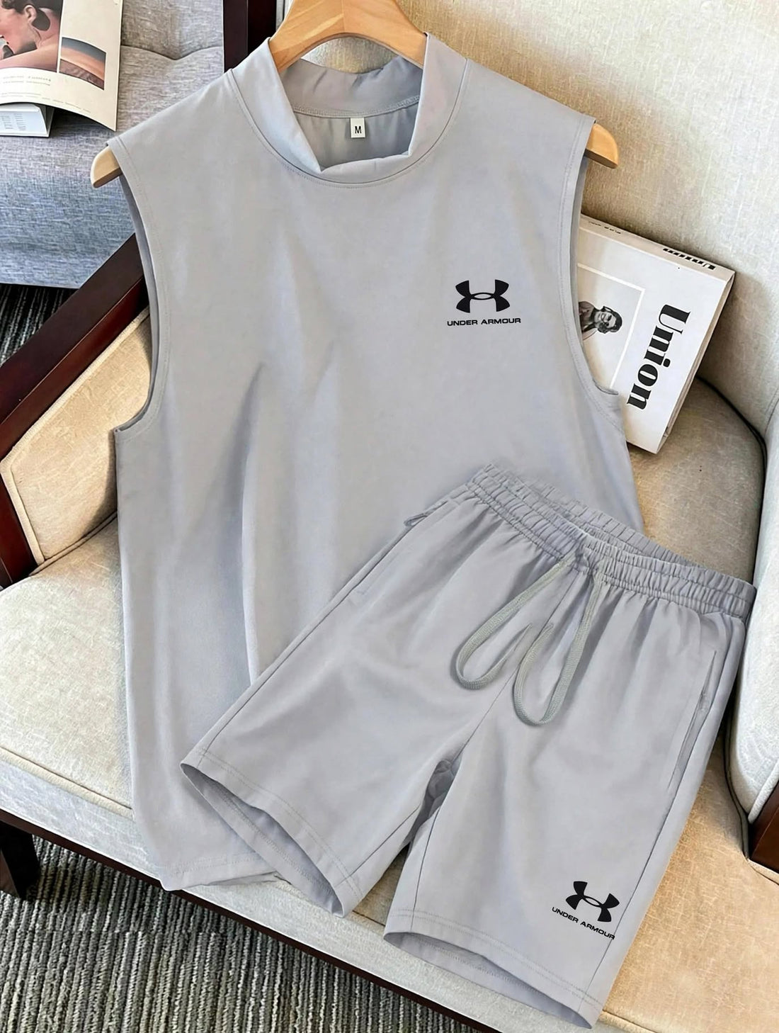 Men's 2 Piece Athletic Set - Sleeveless Mock Neck Tank Top & Shorts in Lavender Grey