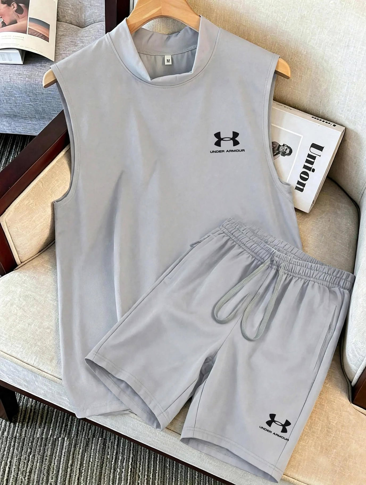 Men's 2 Piece Athletic Set - Sleeveless Mock Neck Tank Top & Shorts in Lavender Grey