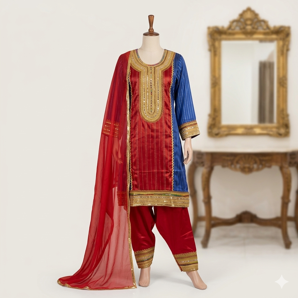 Women’s Blue Red Green Salwar Kameez Oman Traditional Suit | Sizes 40,44 | MH