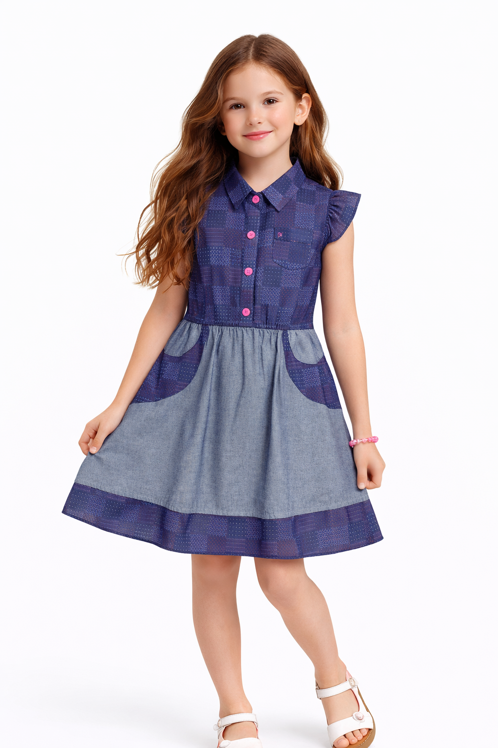 Girls Premium Denim Patchwork Dress with Pink Buttons (2–12 Years) | MH Kids UAE