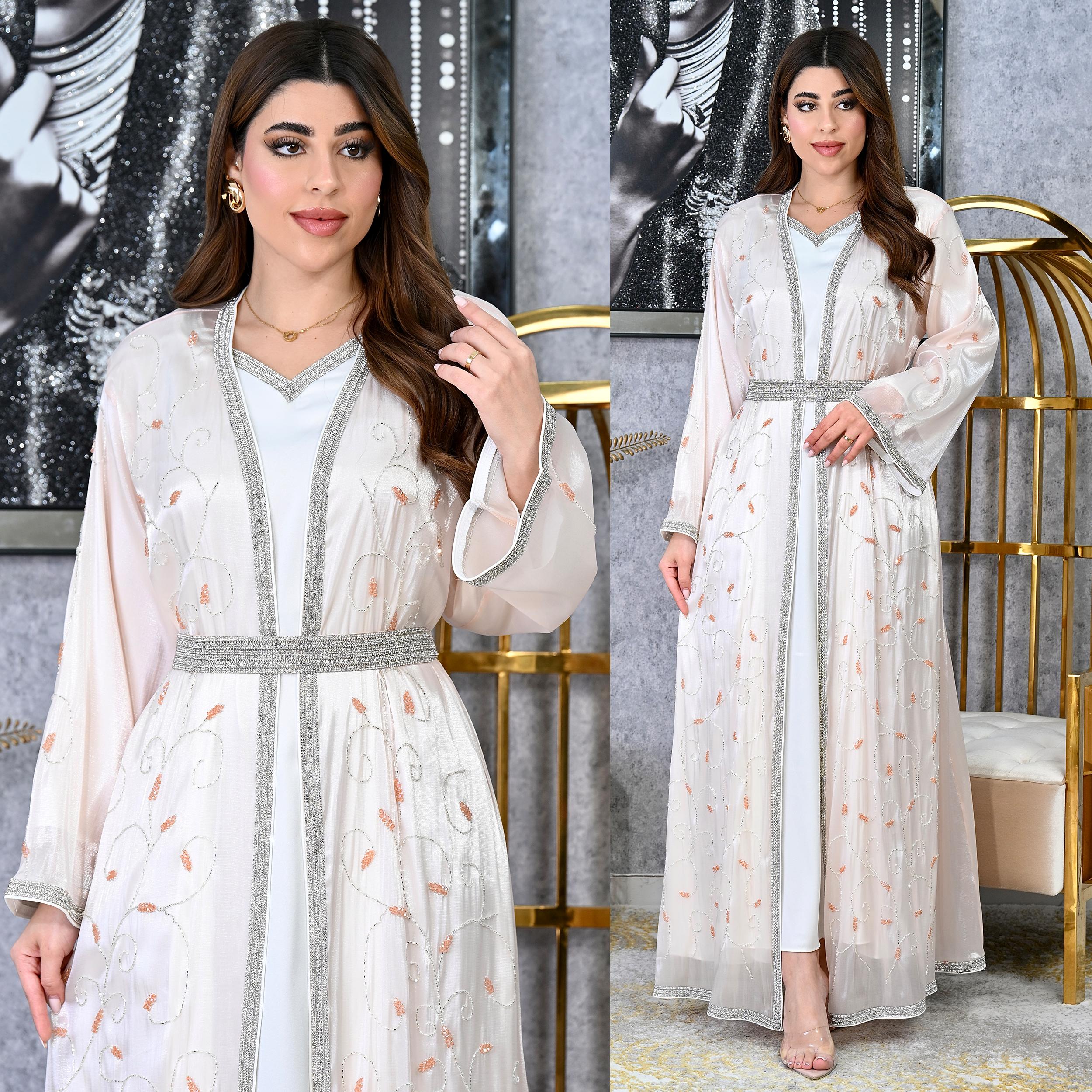 Diamond Trim Embroidered Kaftan with Inner Dress | Modest Evening Wear | 4 Colors | Sizes S-XL | MH