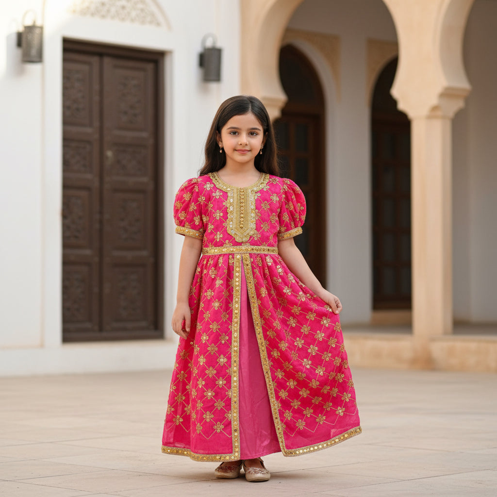 Pink Gold Embroidered Girls Abaya Dress with Belt - Modest Islamic Kaftan for Kids | 6 & 8 Years | MH