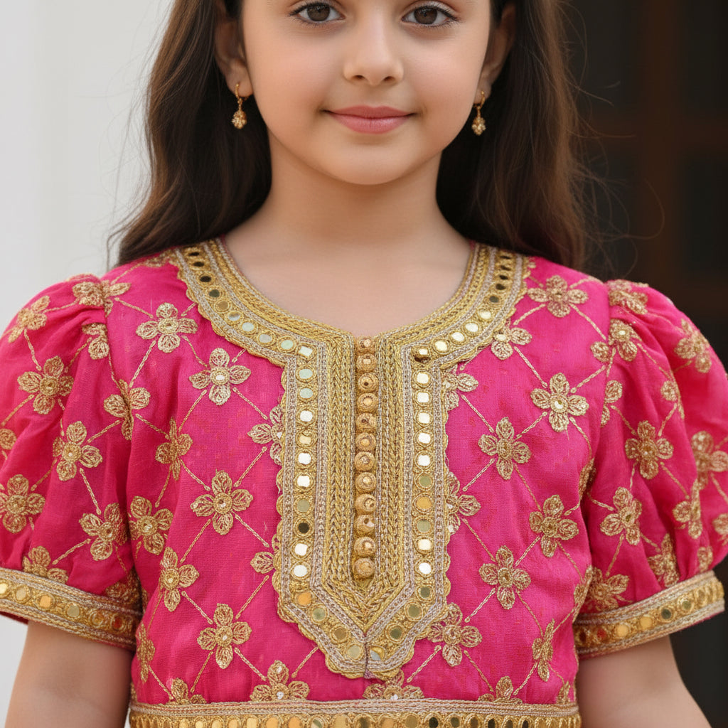 Pink Gold Embroidered Girls Abaya Dress with Belt - Modest Islamic Kaftan for Kids | 6 & 8 Years | MH