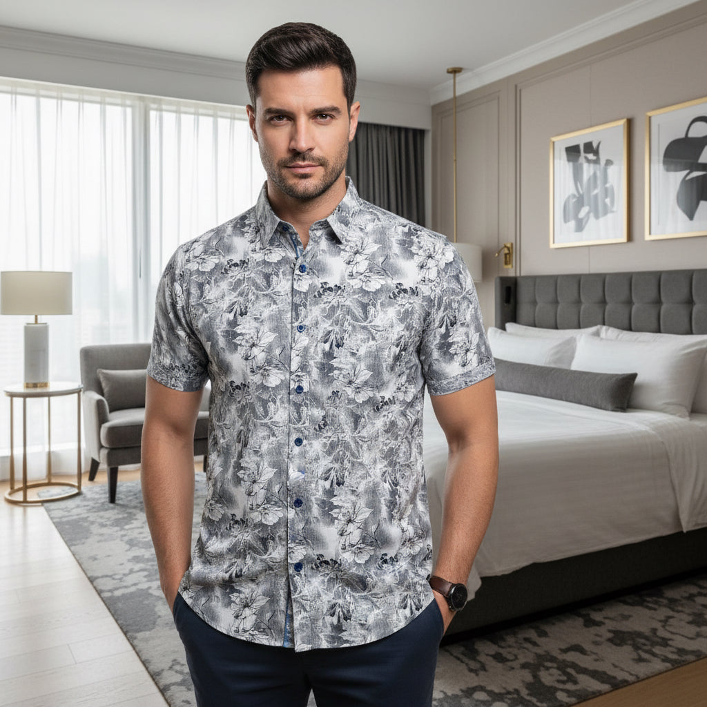 Men's Sky Blue & Navy Tropical Print Shirt | Breathable Summer Cotton (Sizes S-XL) | MH