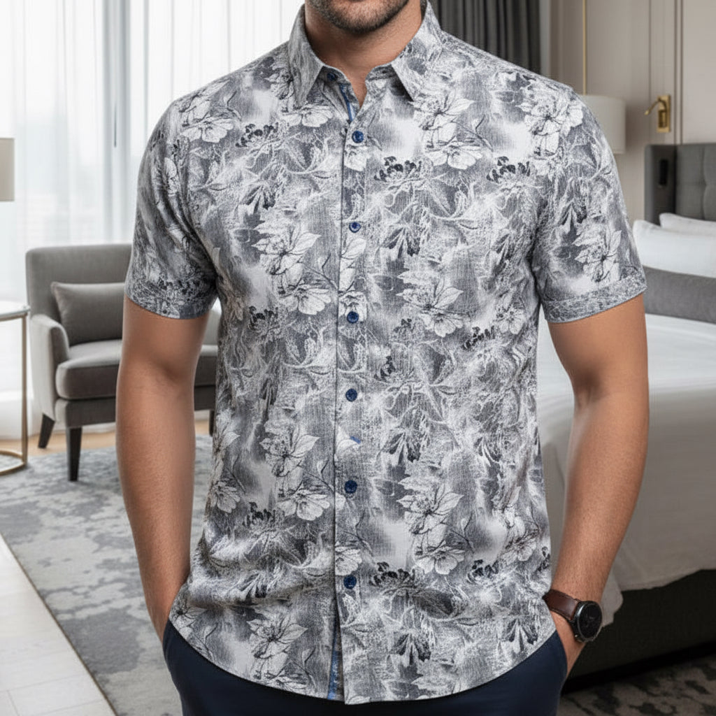 Men's Sky Blue & Navy Tropical Print Shirt | Breathable Summer Cotton (Sizes S-XL) | MH